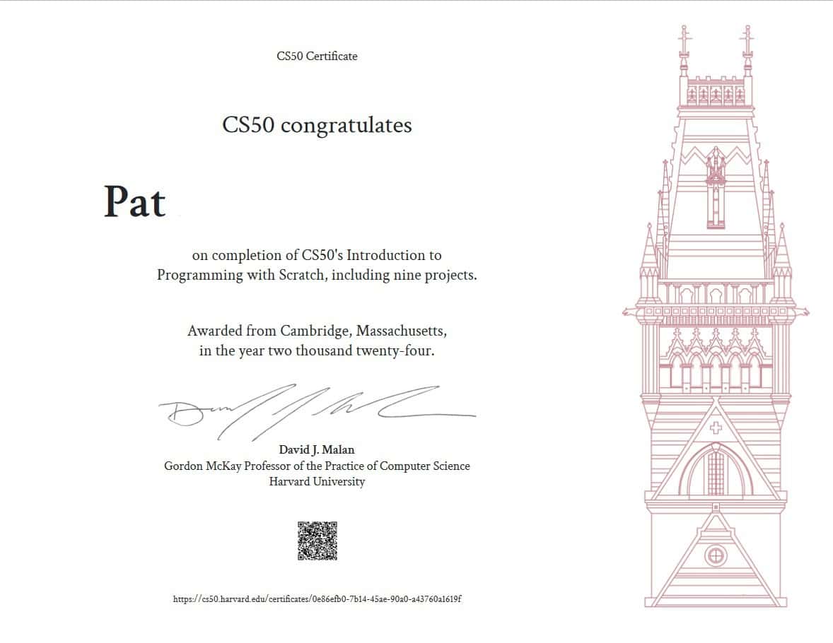 My CS50 Scratch certificate.