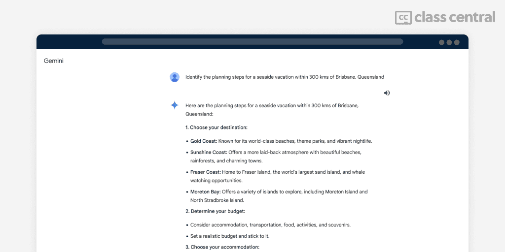 Gemini's output for a vacation near Brisbane, Australia